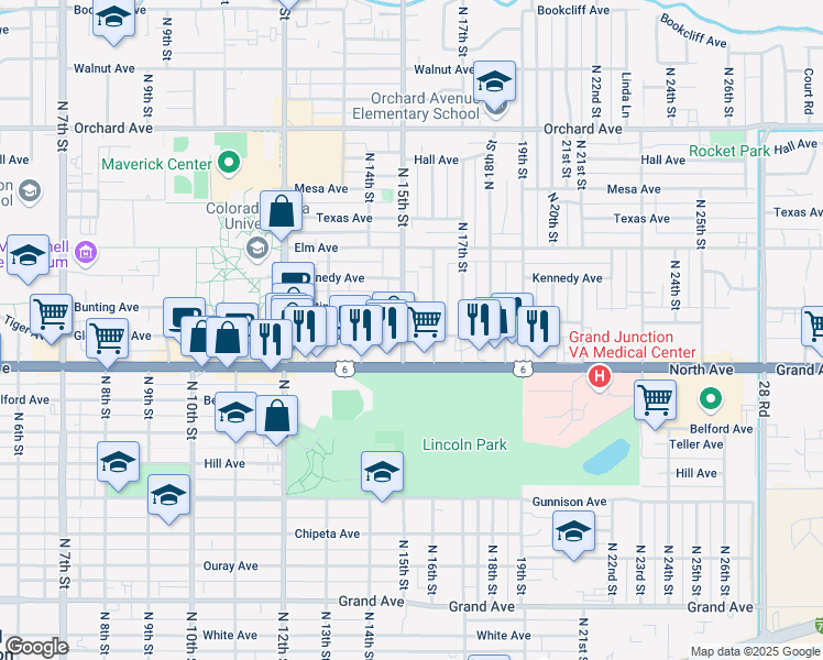 map of restaurants, bars, coffee shops, grocery stores, and more near 1530 North Avenue in Grand Junction
