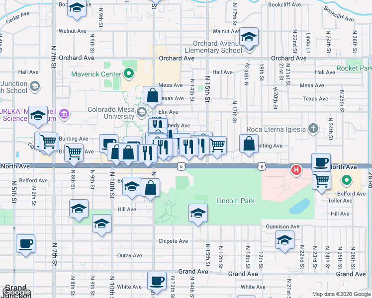 map of restaurants, bars, coffee shops, grocery stores, and more near 1420 North Avenue in Grand Junction