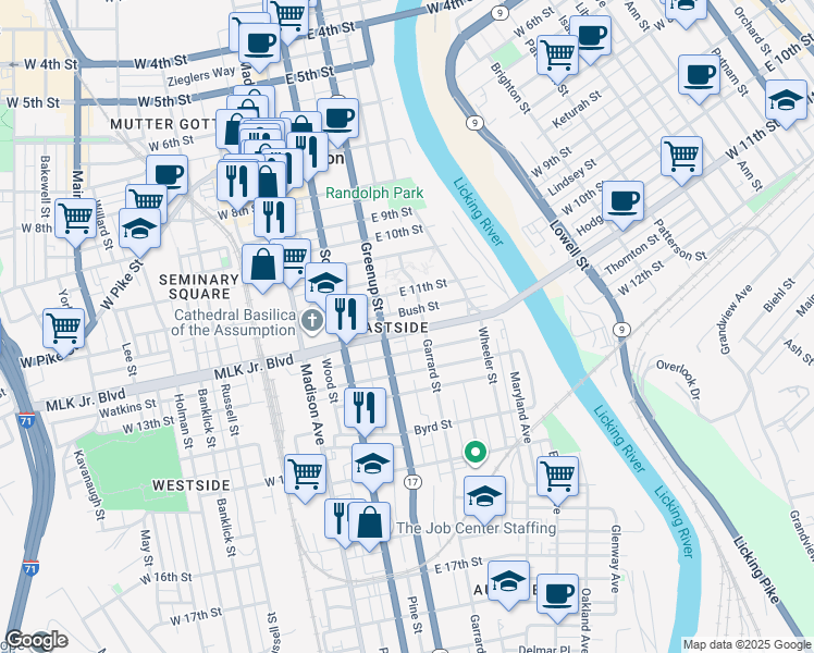 map of restaurants, bars, coffee shops, grocery stores, and more near 1211 Garrard Street in Covington