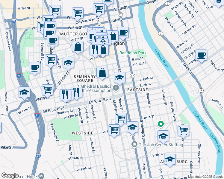 map of restaurants, bars, coffee shops, grocery stores, and more near in Covington