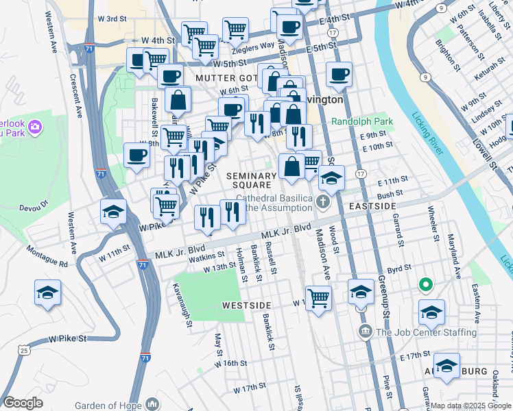 map of restaurants, bars, coffee shops, grocery stores, and more near 1107 Banklick Street in Covington