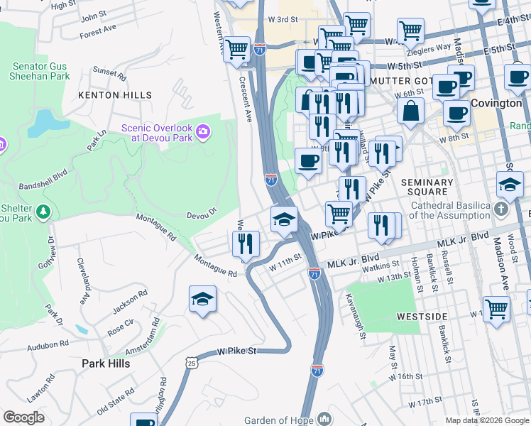 map of restaurants, bars, coffee shops, grocery stores, and more near 643 Laurel Street in Covington