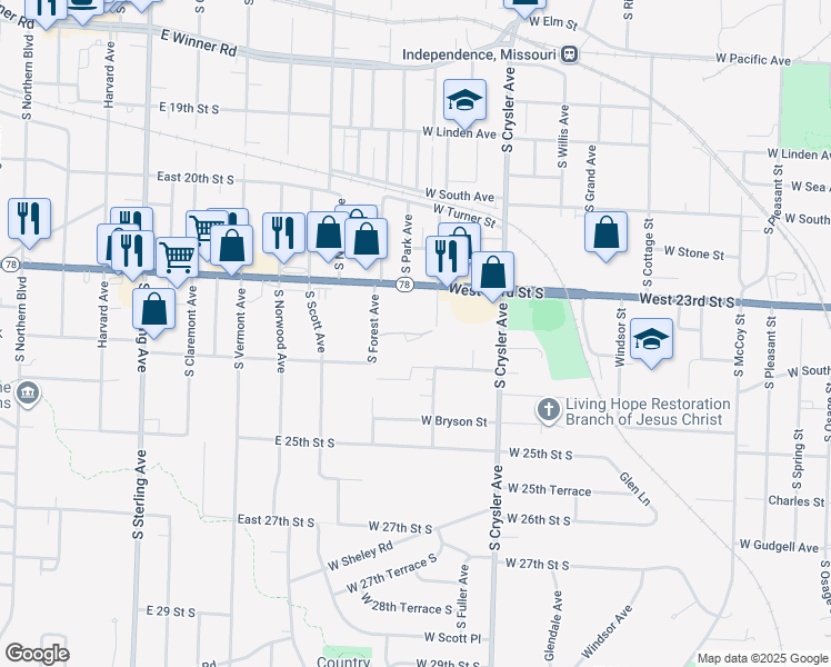 map of restaurants, bars, coffee shops, grocery stores, and more near 1501 West 23 Terrace South in Independence