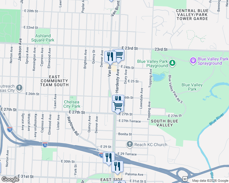 map of restaurants, bars, coffee shops, grocery stores, and more near 2600 Van Brunt Boulevard in Kansas City