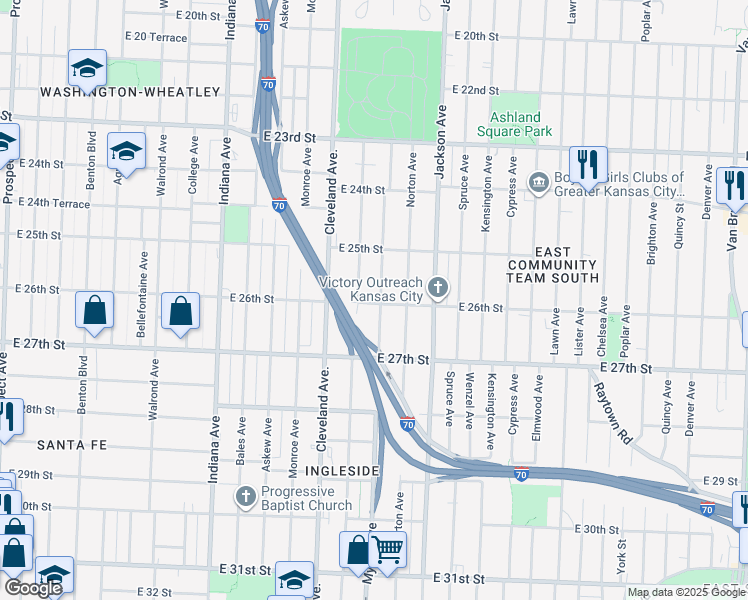 map of restaurants, bars, coffee shops, grocery stores, and more near 2605 Myrtle Avenue in Kansas City