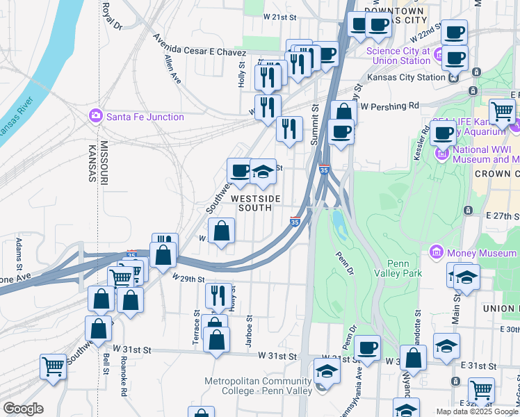 map of restaurants, bars, coffee shops, grocery stores, and more near 2717 Jarboe Street in Kansas City