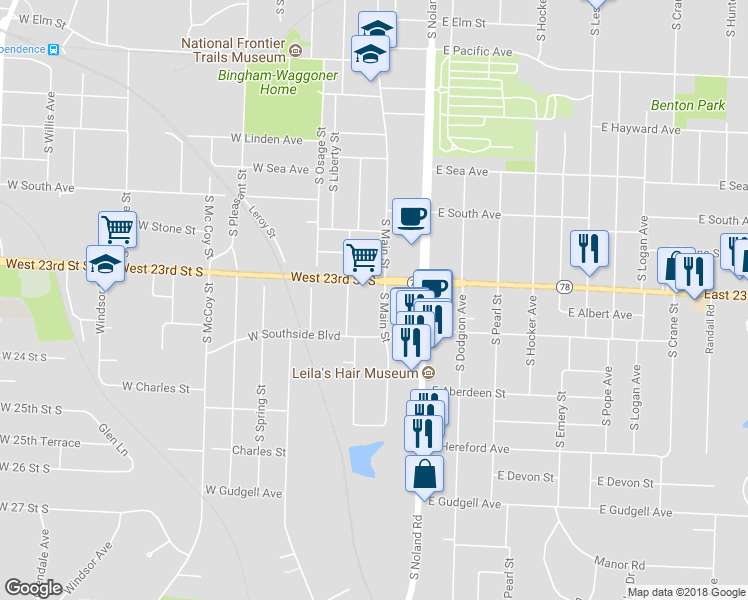 map of restaurants, bars, coffee shops, grocery stores, and more near 1216 South Main Street in Independence