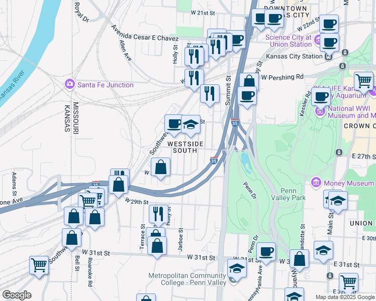 map of restaurants, bars, coffee shops, grocery stores, and more near 2717 Jarboe Street in Kansas City