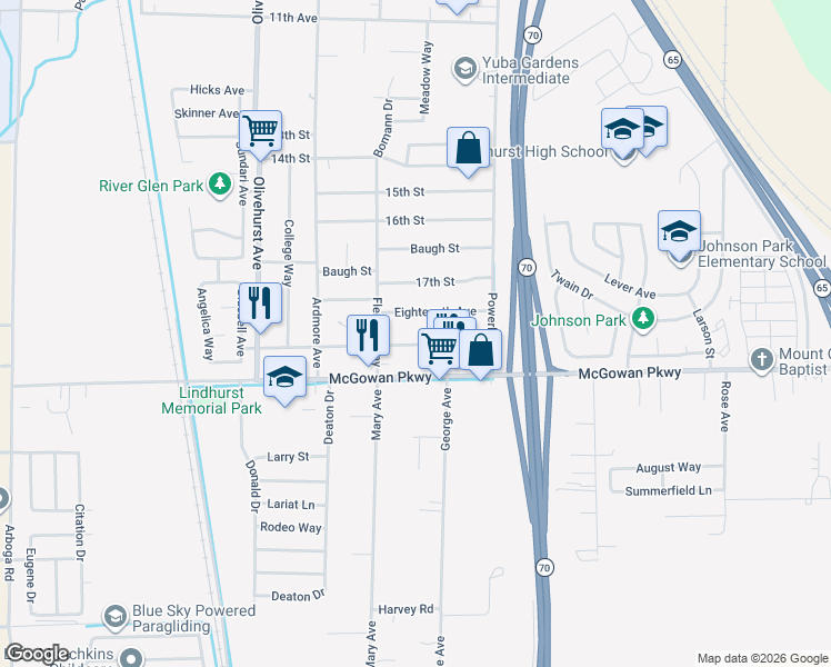 map of restaurants, bars, coffee shops, grocery stores, and more near 1908 Beverly Avenue in Olivehurst