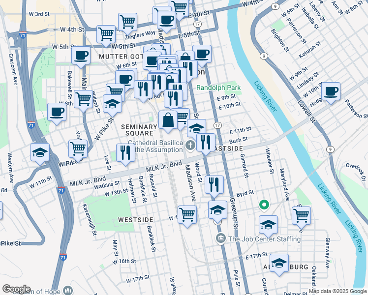 map of restaurants, bars, coffee shops, grocery stores, and more near 1130 Madison Avenue in Covington