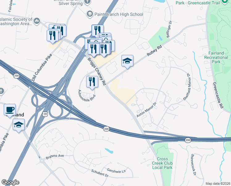 map of restaurants, bars, coffee shops, grocery stores, and more near 3300 Briggs Chaney Road in Silver Spring