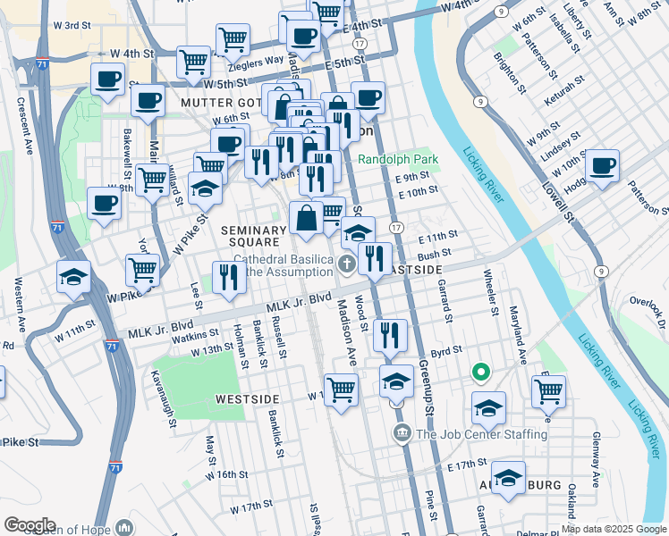 map of restaurants, bars, coffee shops, grocery stores, and more near 1130 Madison Avenue in Covington