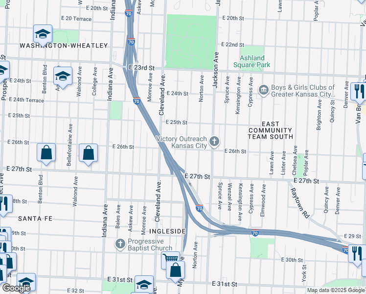 map of restaurants, bars, coffee shops, grocery stores, and more near 2605 Myrtle Avenue in Kansas City