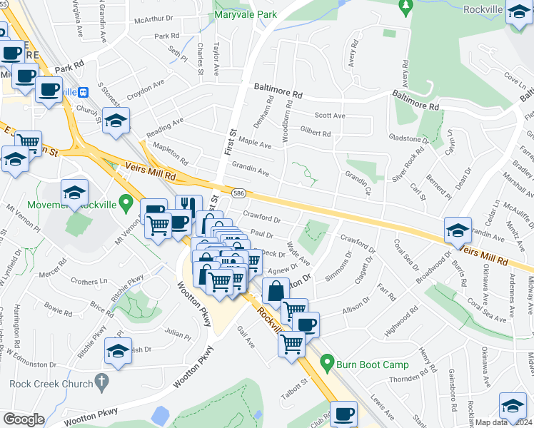 map of restaurants, bars, coffee shops, grocery stores, and more near 1008 Crawford Drive in Rockville