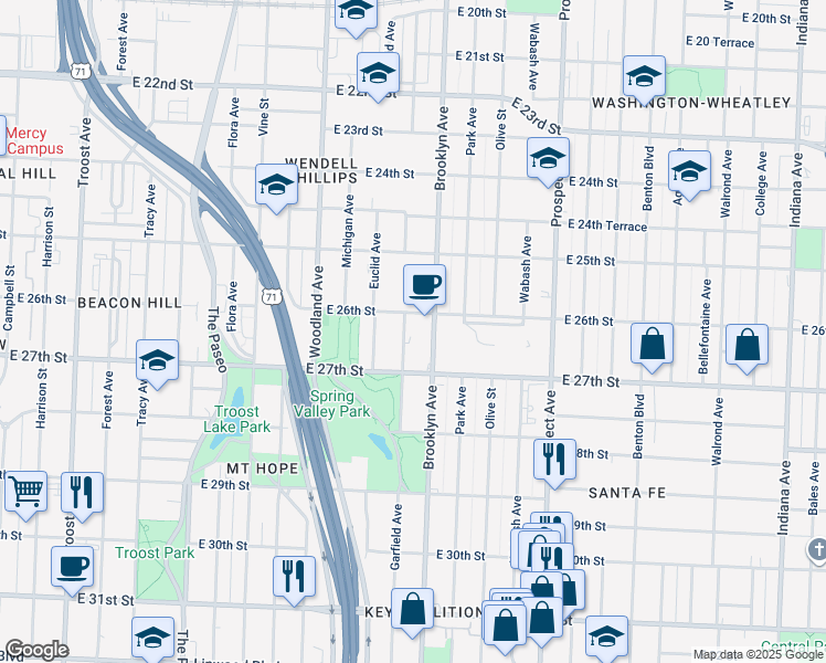 map of restaurants, bars, coffee shops, grocery stores, and more near 2622 Garfield Avenue in Kansas City