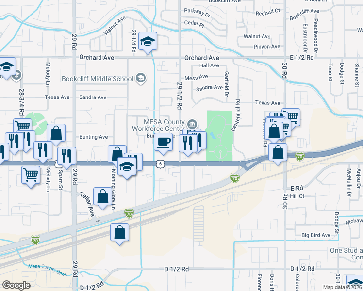 map of restaurants, bars, coffee shops, grocery stores, and more near 508 29 1/2 Road in Grand Junction