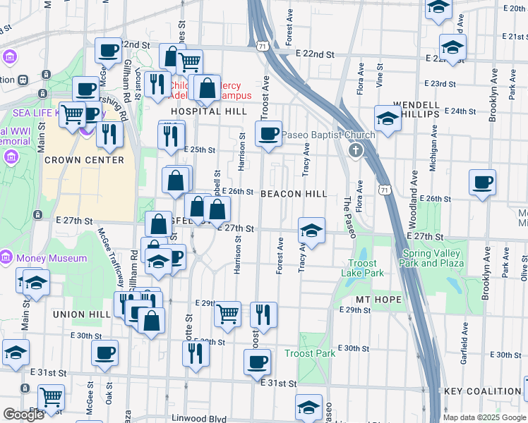 map of restaurants, bars, coffee shops, grocery stores, and more near 2697 Troost Avenue in Kansas City