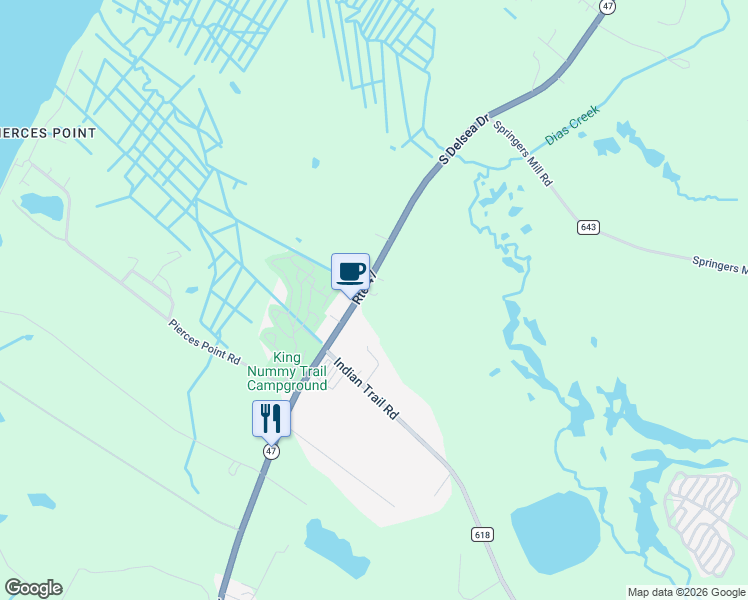 map of restaurants, bars, coffee shops, grocery stores, and more near 186 New Jersey 47 in Cape May County