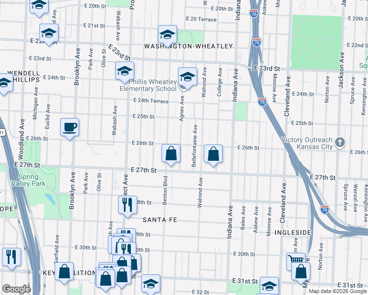 map of restaurants, bars, coffee shops, grocery stores, and more near 2618 Agnes Avenue in Kansas City