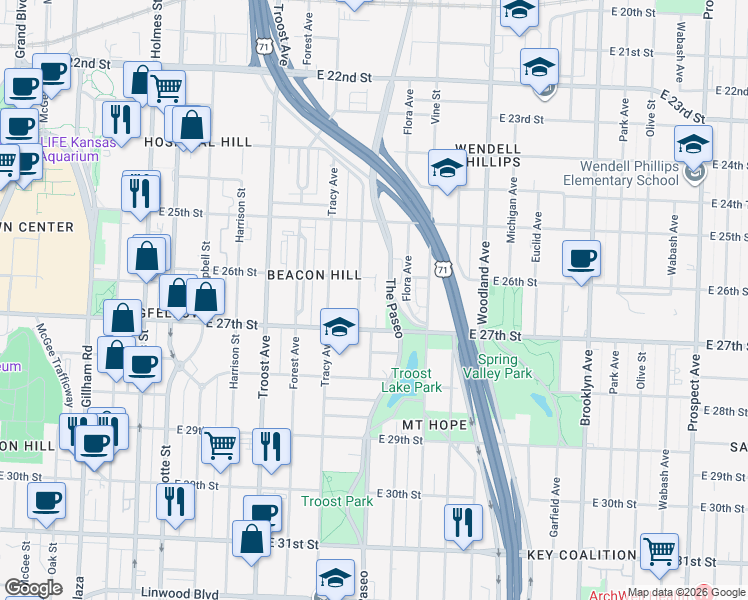map of restaurants, bars, coffee shops, grocery stores, and more near 1414 East 27th Street in Kansas City