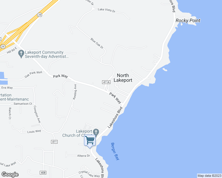 map of restaurants, bars, coffee shops, grocery stores, and more near 3377 Marina Court South in Lakeport