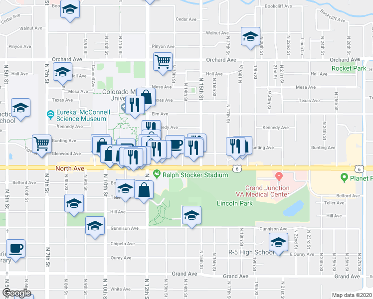 map of restaurants, bars, coffee shops, grocery stores, and more near 1420 North Avenue in Grand Junction