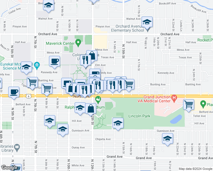 map of restaurants, bars, coffee shops, grocery stores, and more near 1311 Glenwood Avenue in Grand Junction