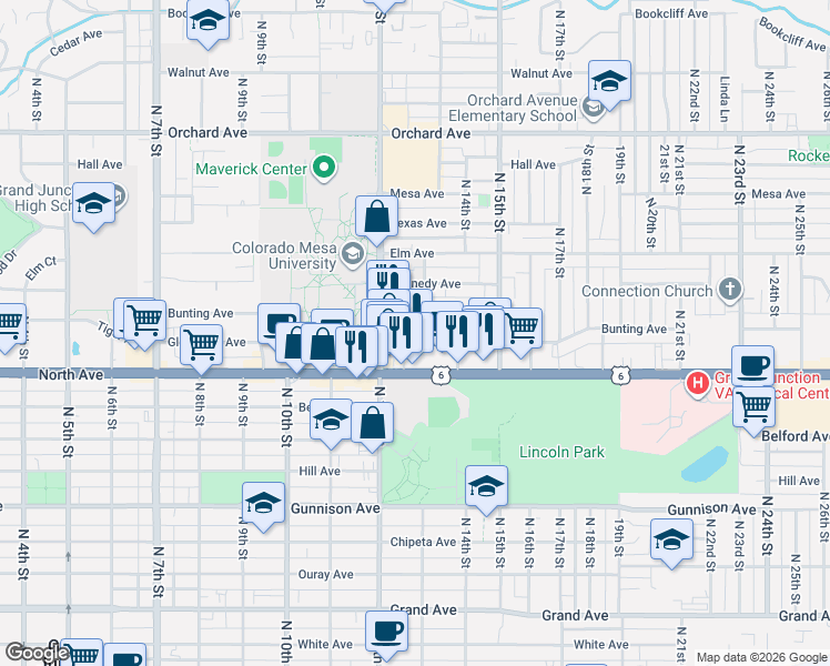 map of restaurants, bars, coffee shops, grocery stores, and more near 1311 Glenwood Avenue in Grand Junction