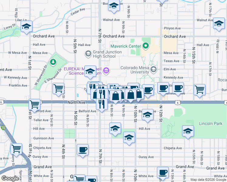 map of restaurants, bars, coffee shops, grocery stores, and more near North 8th Street in Grand Junction