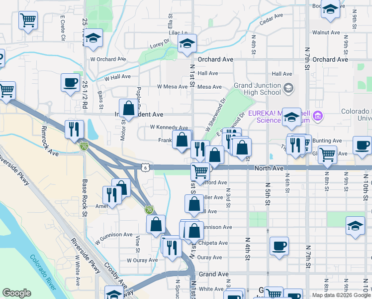 map of restaurants, bars, coffee shops, grocery stores, and more near 1105 North 1st Street in Grand Junction