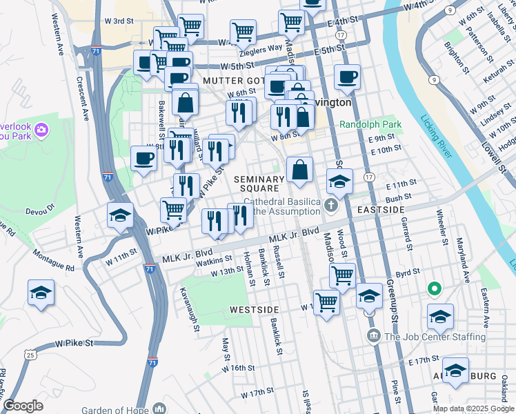 map of restaurants, bars, coffee shops, grocery stores, and more near 1107 Banklick Street in Covington