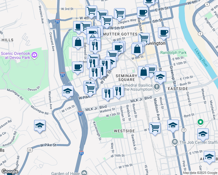 map of restaurants, bars, coffee shops, grocery stores, and more near 1035 Lee Street in Covington