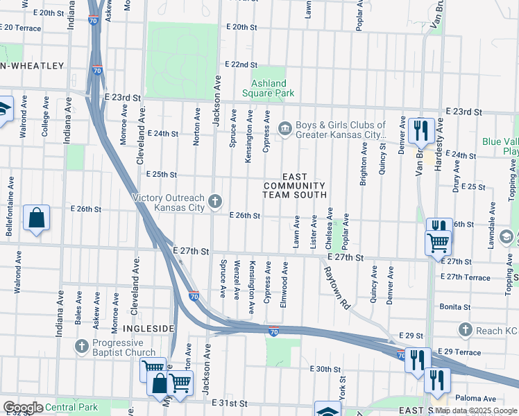 map of restaurants, bars, coffee shops, grocery stores, and more near 2605 Kensington Avenue in Kansas City