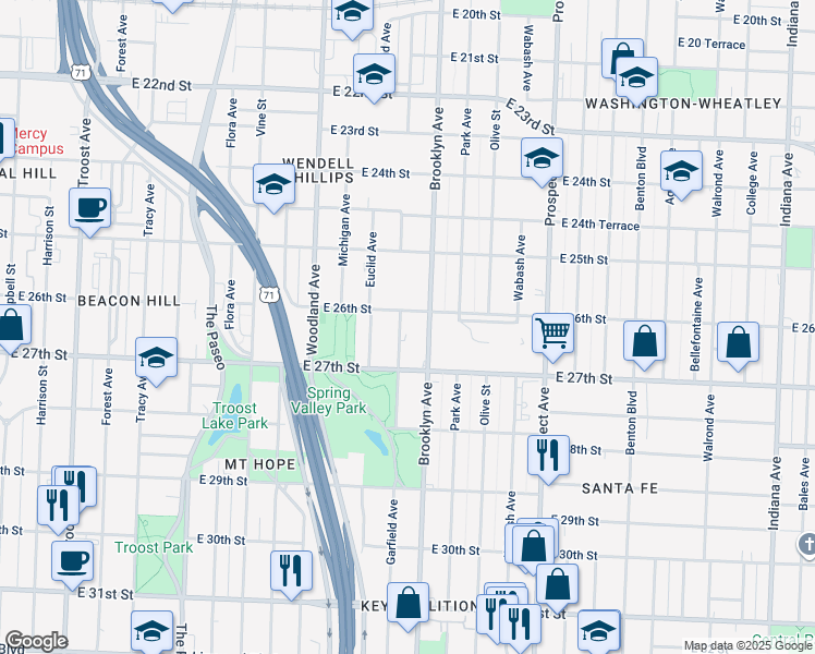 map of restaurants, bars, coffee shops, grocery stores, and more near 2622 Garfield Avenue in Kansas City