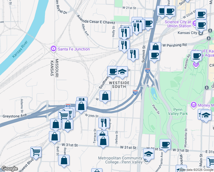map of restaurants, bars, coffee shops, grocery stores, and more near 1211 West 27th Street in Kansas City