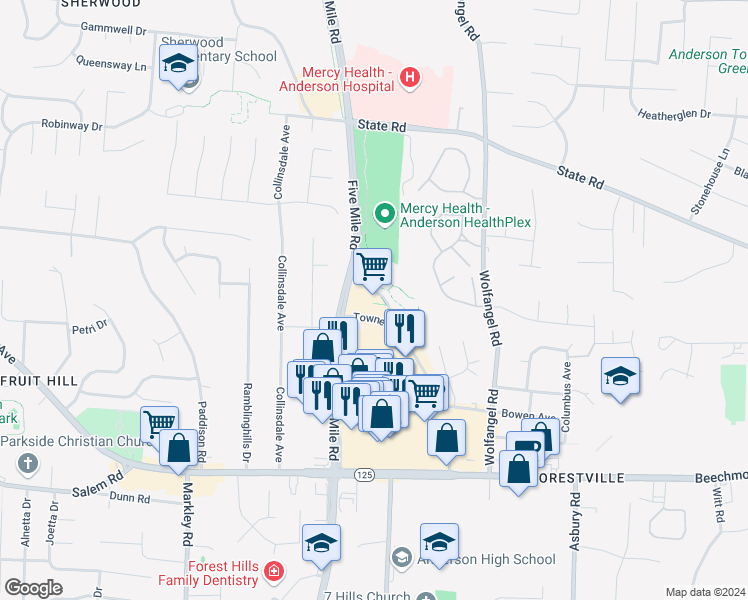 map of restaurants, bars, coffee shops, grocery stores, and more near 7832 Five Mile Road in Cincinnati