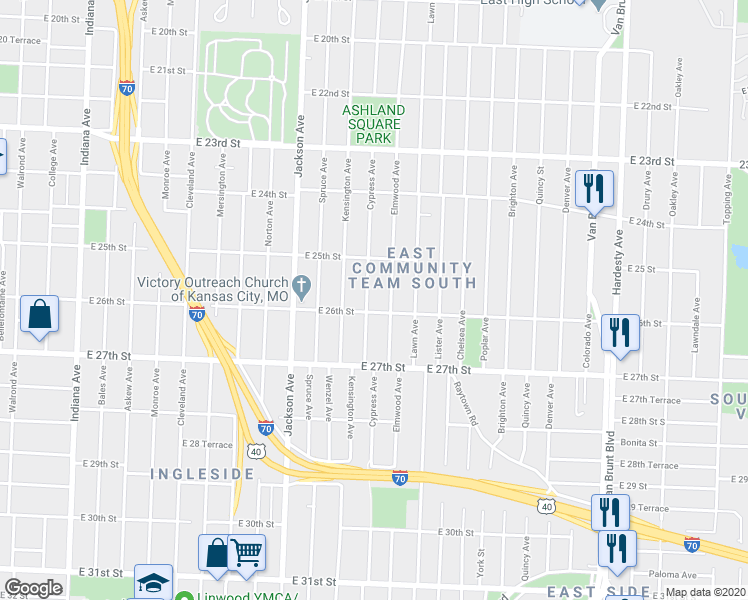 map of restaurants, bars, coffee shops, grocery stores, and more near 2539 Cypress Avenue in Kansas City