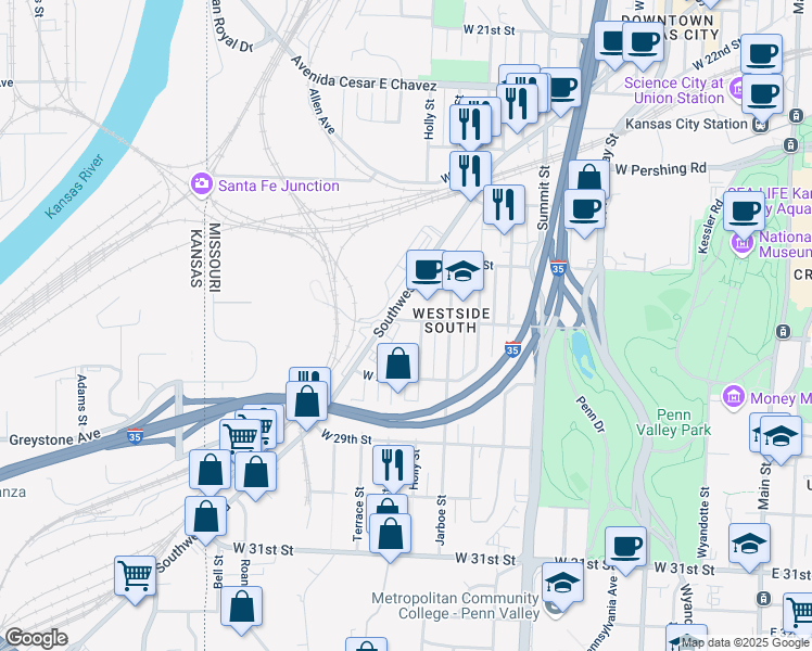 map of restaurants, bars, coffee shops, grocery stores, and more near 1211 West 27th Street in Kansas City