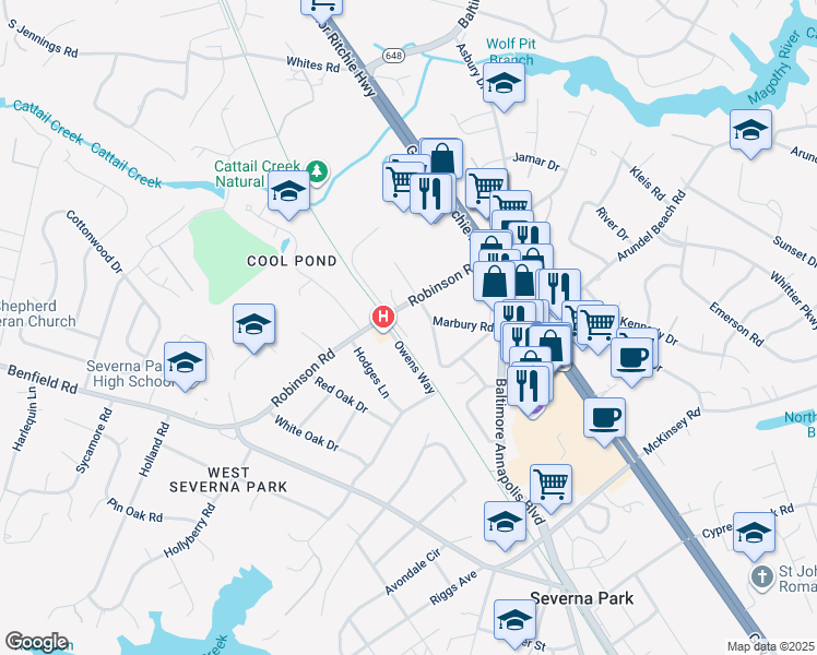 map of restaurants, bars, coffee shops, grocery stores, and more near 574 O'Donnel Court in Severna Park