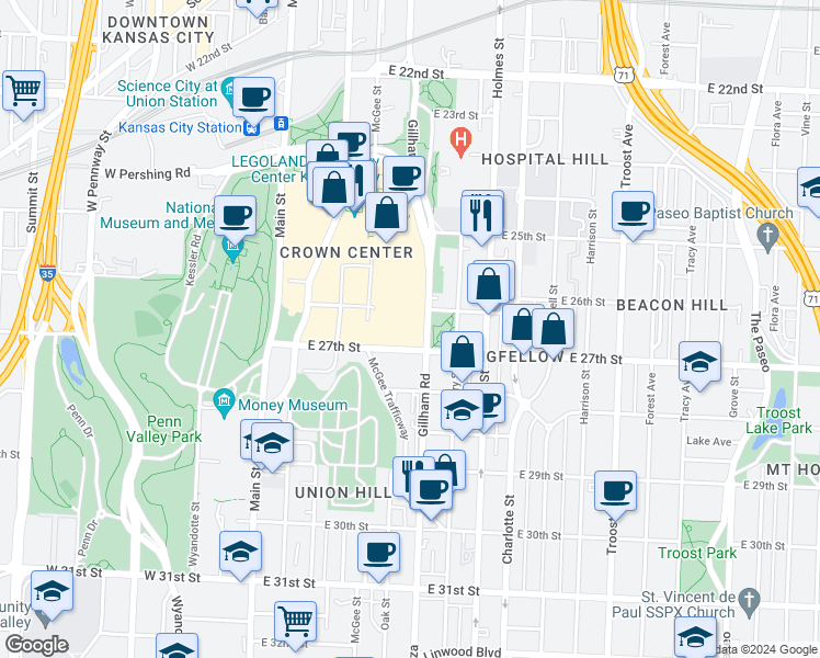 map of restaurants, bars, coffee shops, grocery stores, and more near 300 East 27th Avenue in Kansas City