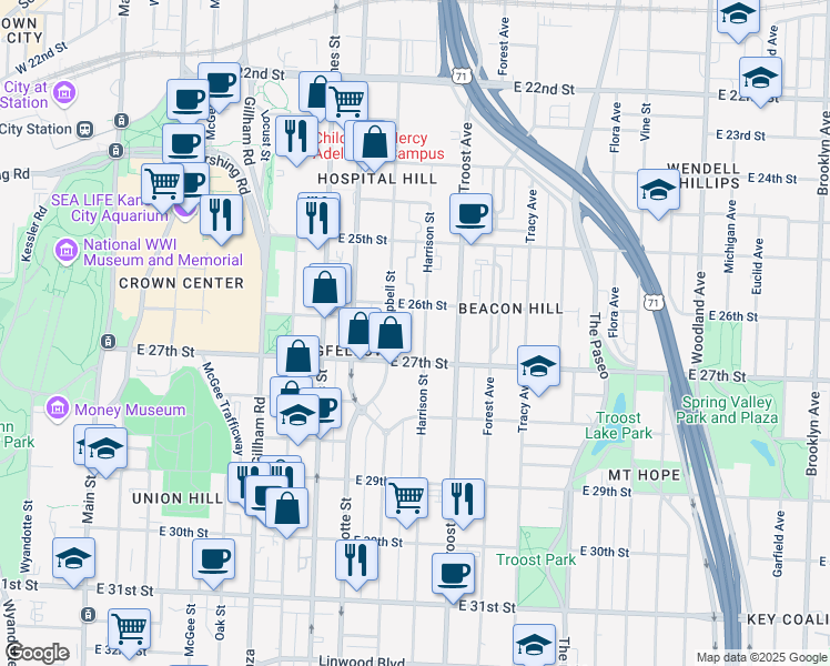 map of restaurants, bars, coffee shops, grocery stores, and more near 1000 East 27th Street in Kansas City