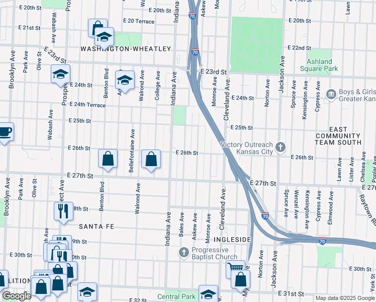 map of restaurants, bars, coffee shops, grocery stores, and more near 2611 Bales Avenue in Kansas City