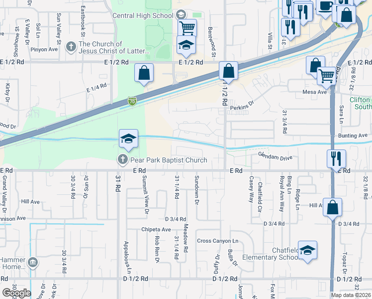map of restaurants, bars, coffee shops, grocery stores, and more near 3126 E Rd in Grand Junction