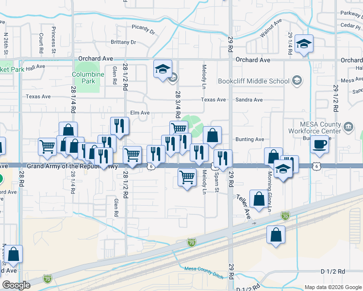 map of restaurants, bars, coffee shops, grocery stores, and more near 2880 North Avenue in Grand Junction