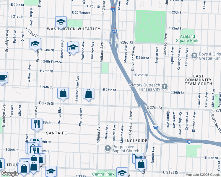 map of restaurants, bars, coffee shops, grocery stores, and more near 2611 Bales Avenue in Kansas City