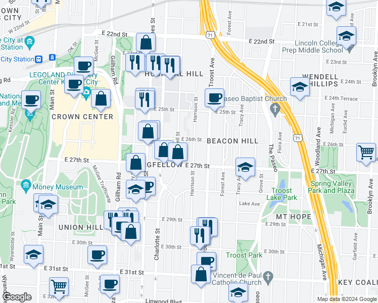 map of restaurants, bars, coffee shops, grocery stores, and more near 1000 East 27th Street in Kansas City