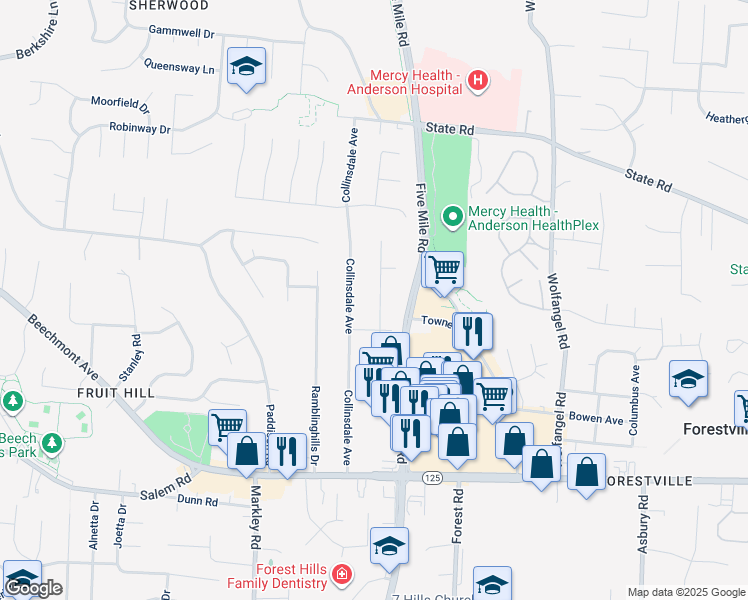 map of restaurants, bars, coffee shops, grocery stores, and more near 1461 Blueorchard Drive in Cincinnati