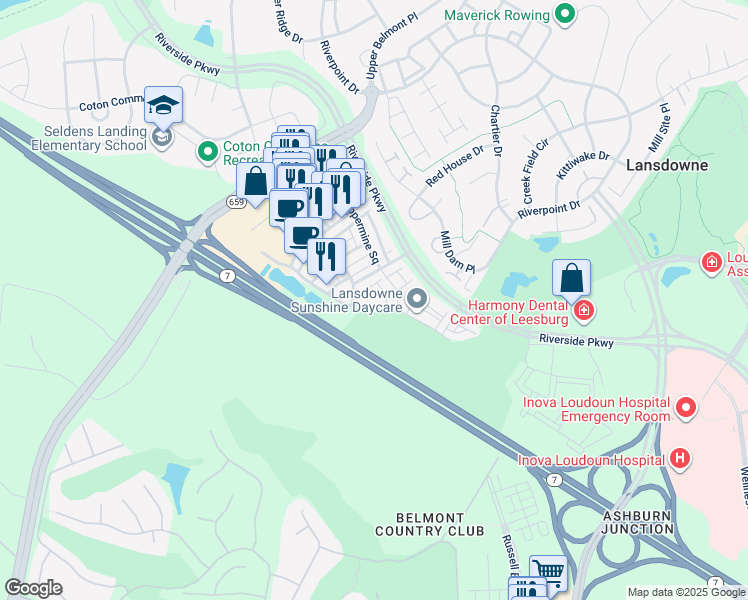 map of restaurants, bars, coffee shops, grocery stores, and more near 19458 Front Street in Leesburg
