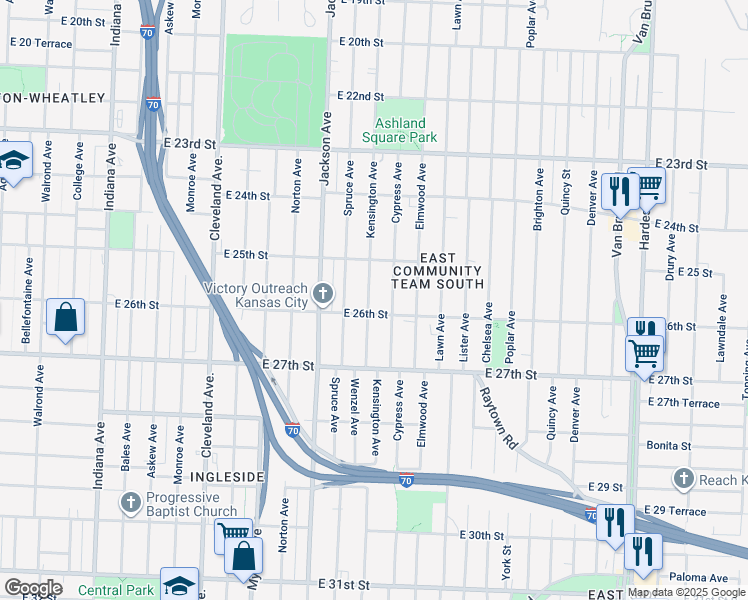 map of restaurants, bars, coffee shops, grocery stores, and more near 2537 Kensington Avenue in Kansas City