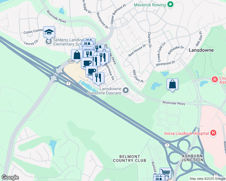 map of restaurants, bars, coffee shops, grocery stores, and more near 19458 Front Street in Leesburg
